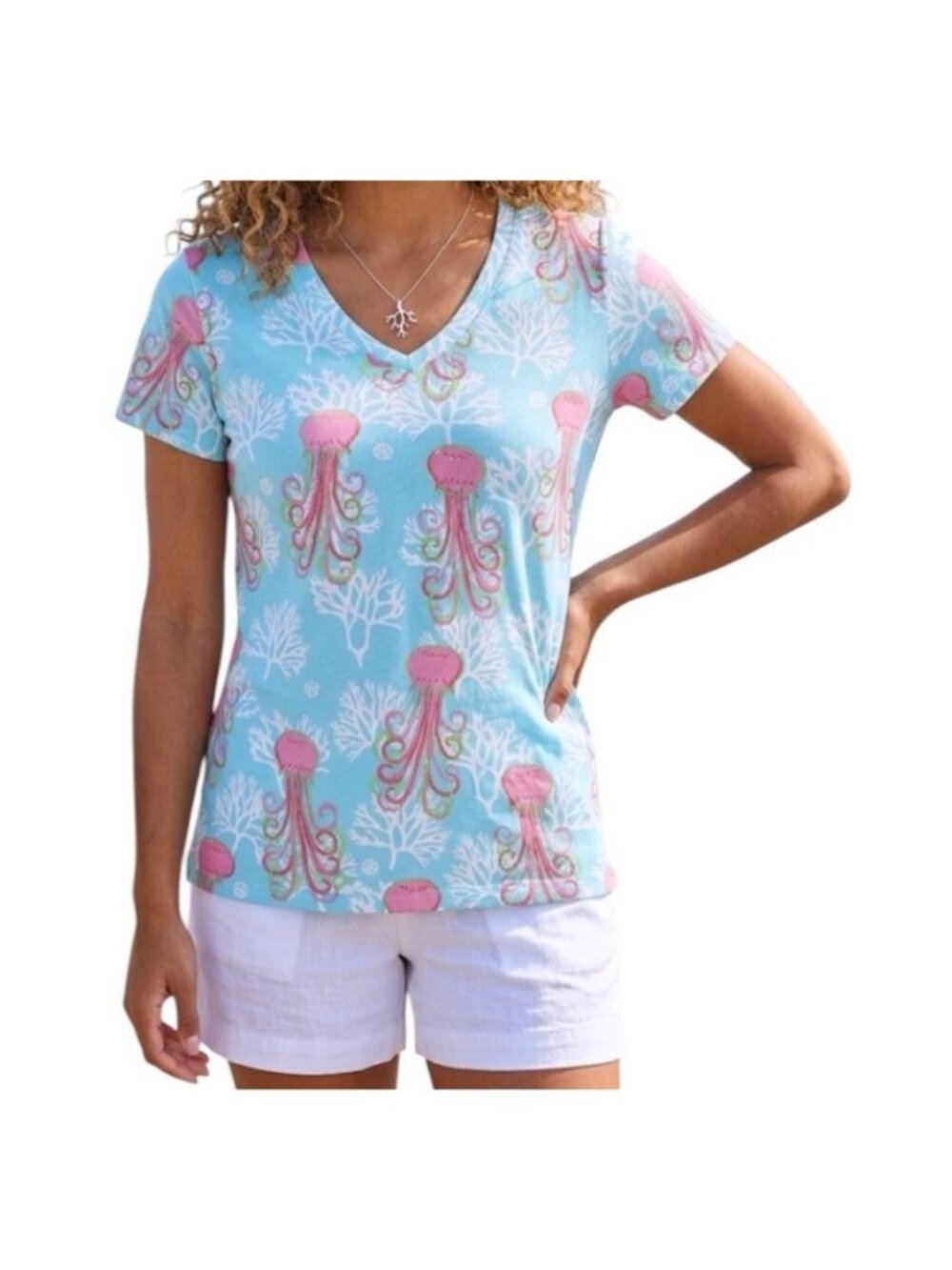 Simply Southern Blue Jellyfish Print V Neck Ocean Vacation T-Shirt Size Large